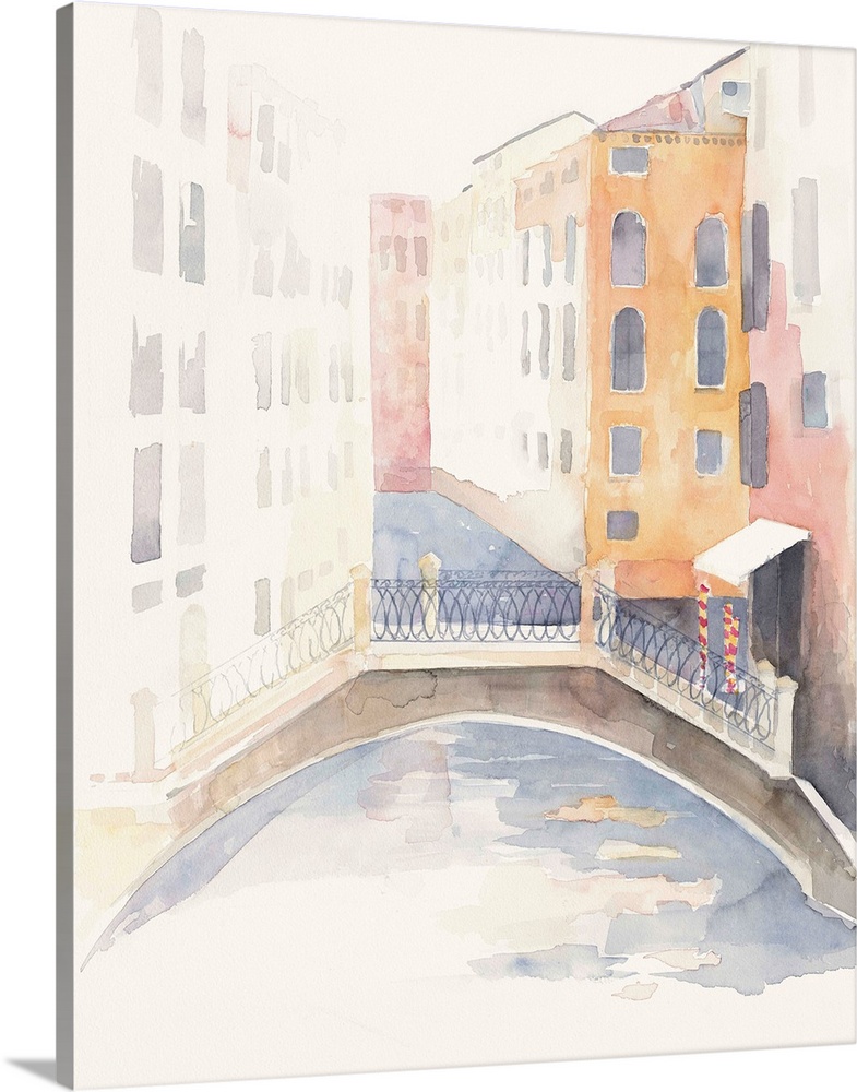 Watercolor painting of a view of Venice looking down a canal way.