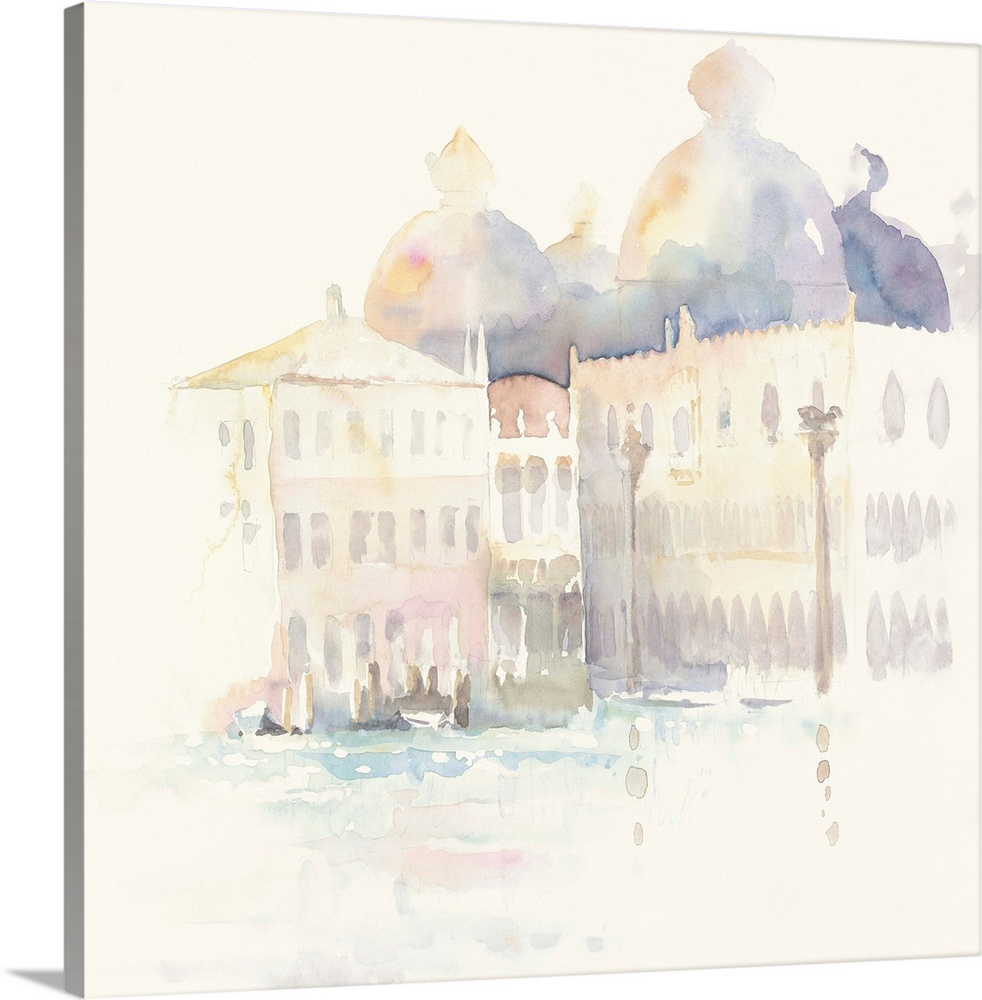 Pastel watercolor painting of the buildings along the canal in Venice.
