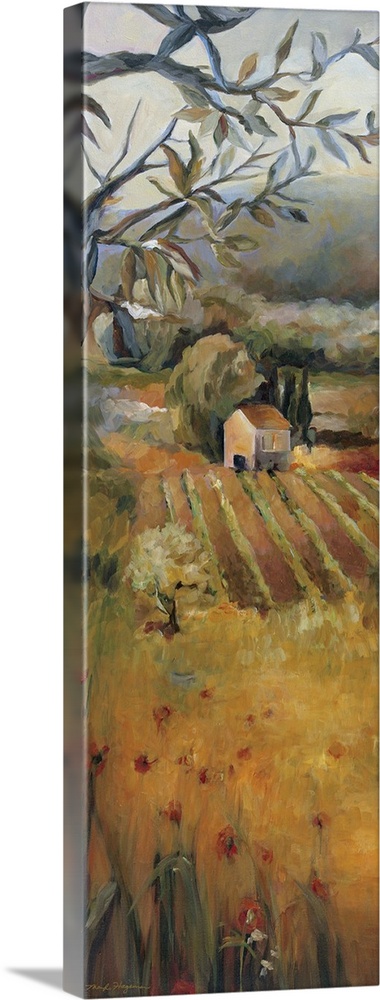 Oversized, vertical panting, looking down onto a golden field in front of a vineyard, a dense tree landscape in the backgr...