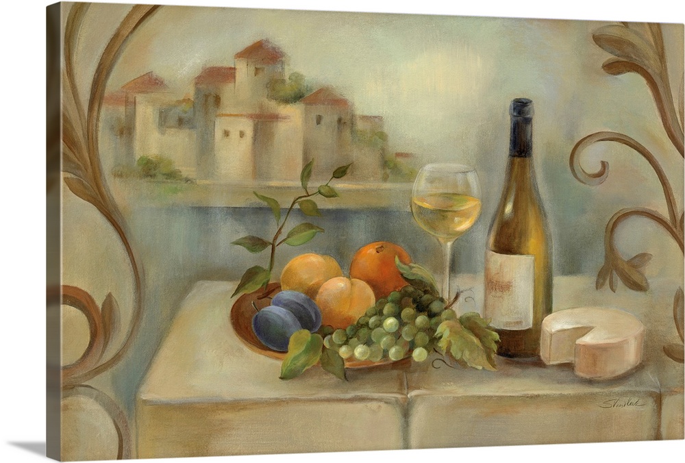 Painting of fruit bundle, bottle of wine, wine glass, and wedge of cheese on a table with river and a house in the backgro...
