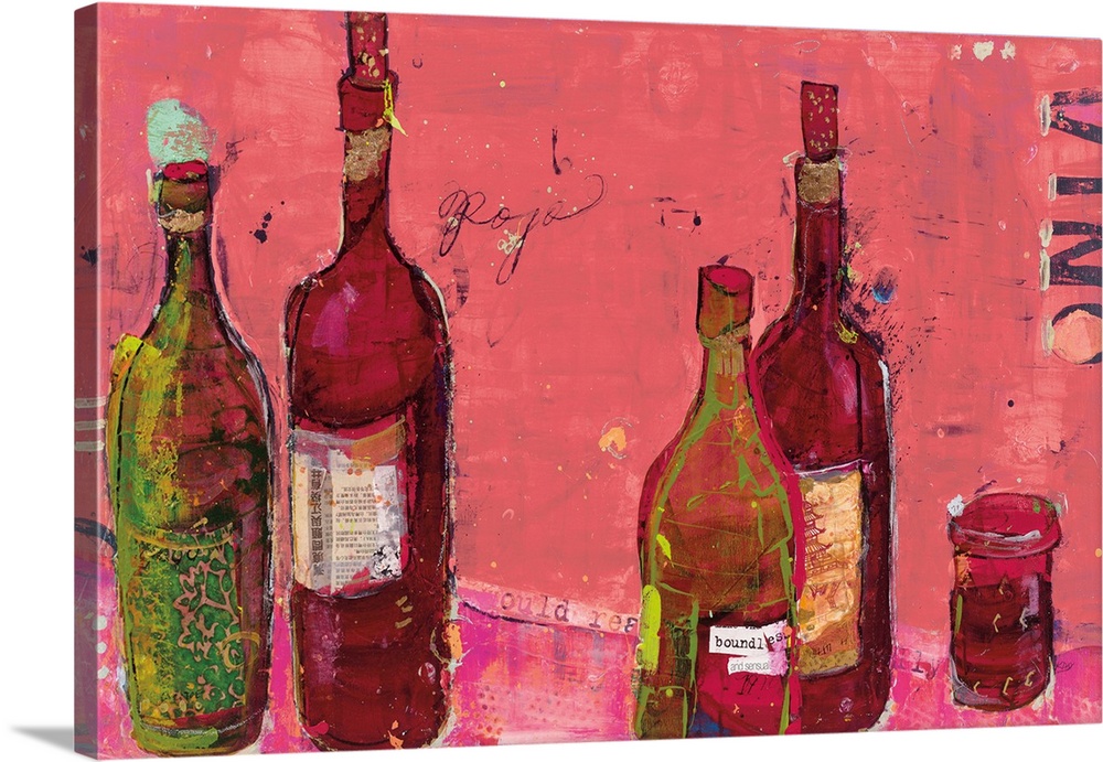 Contemporary artwork of a still life scene featuring wine bottles and glasses finished in a grunge style collage.