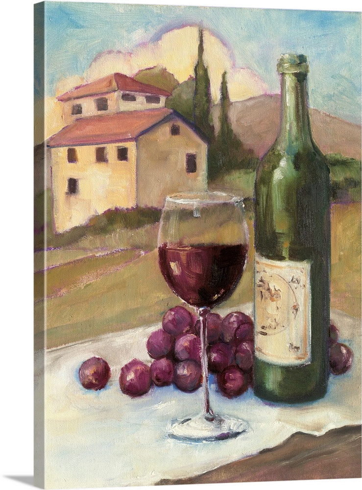 A traditional contemporary painting of a glass of wine and bottle on a table with a house and hills behind it.