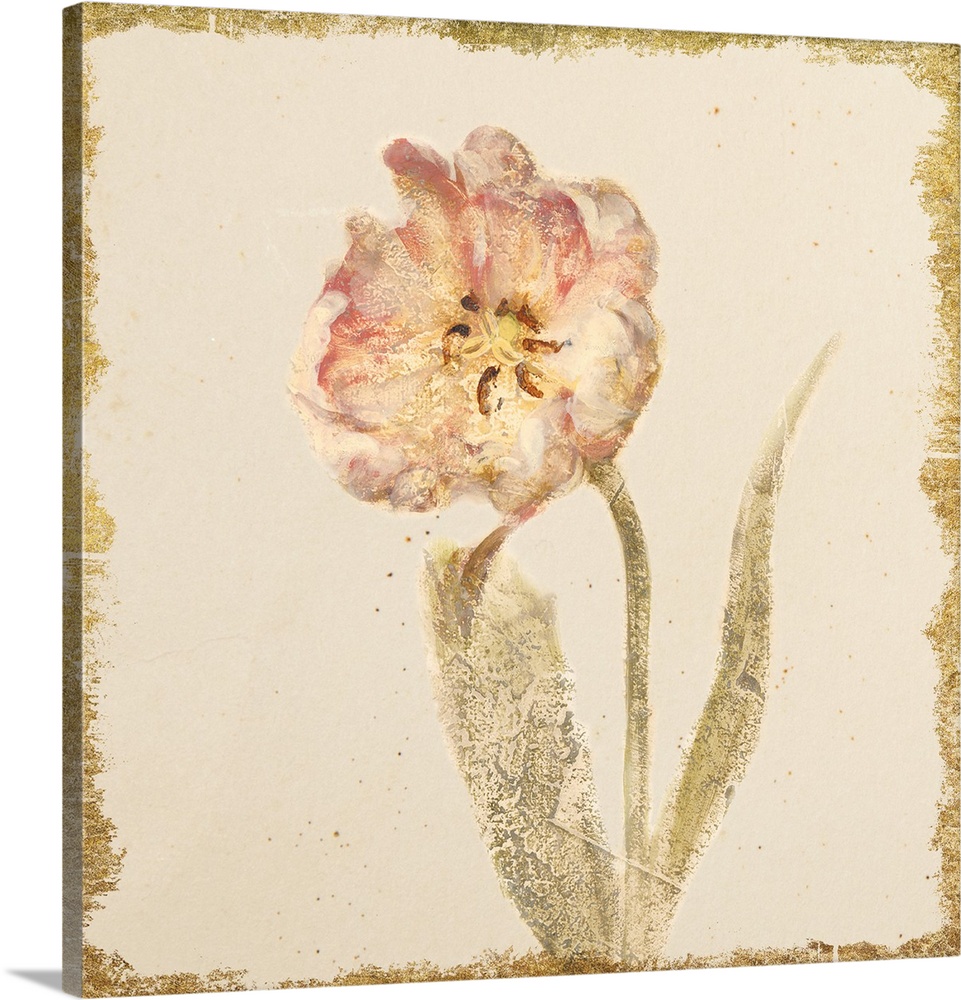 Square decorative artwork of a textured flower in metallic colors with a rough edged border.