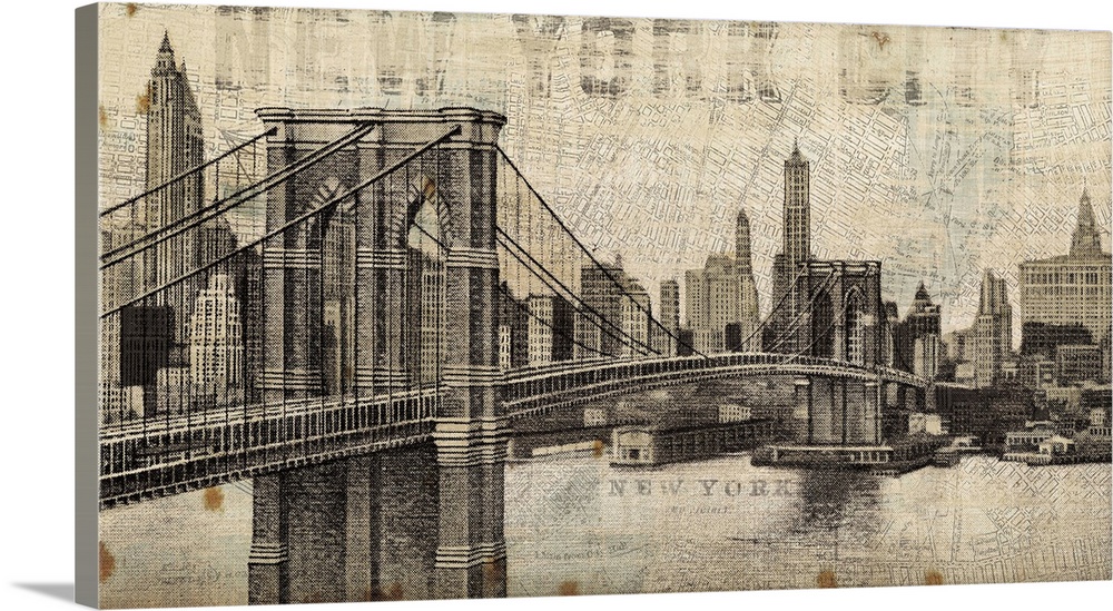 Vintage NY Brooklyn Bridge Skyline
