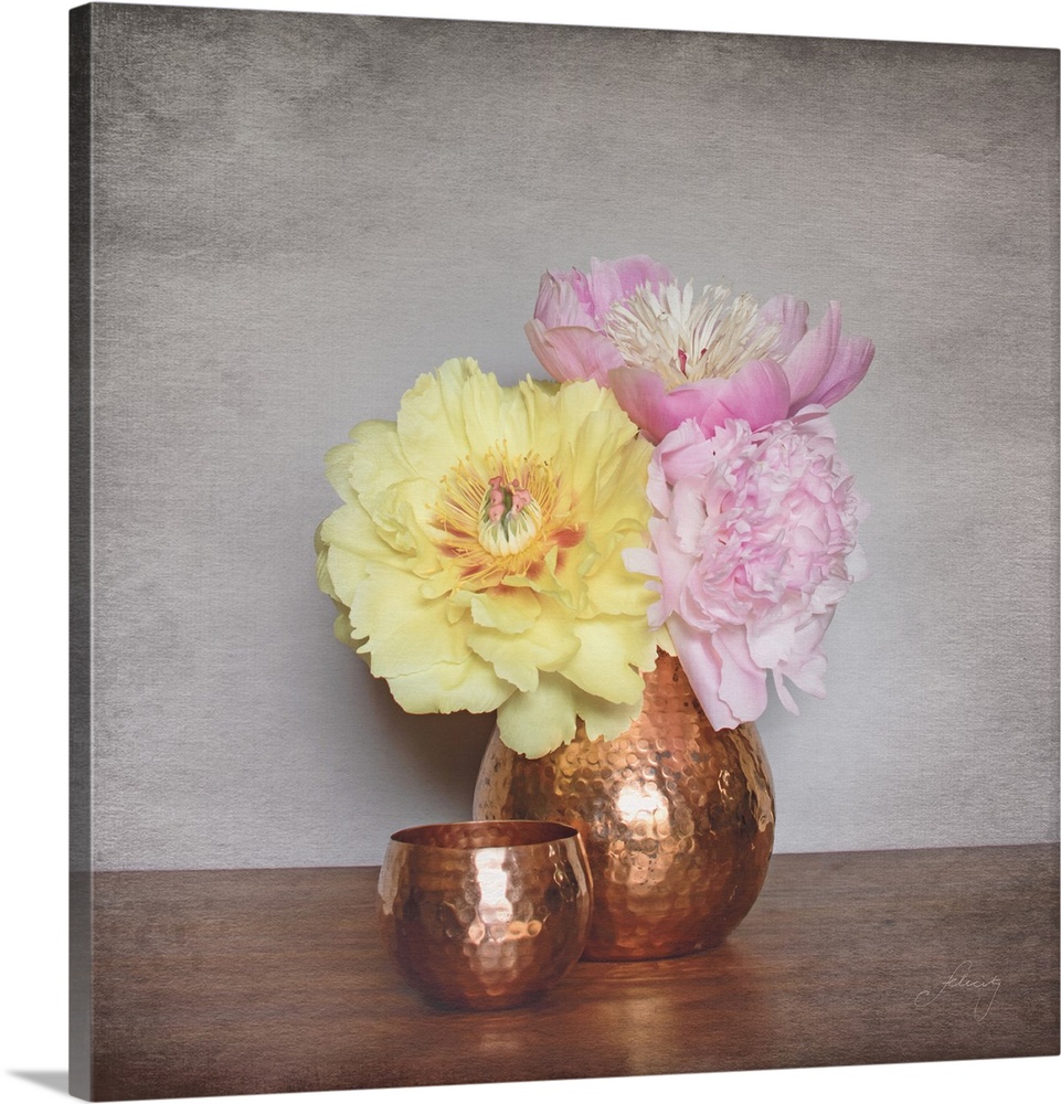 Still life photograph of a copper vase full of pink and yellow peonies with a distress overlay.