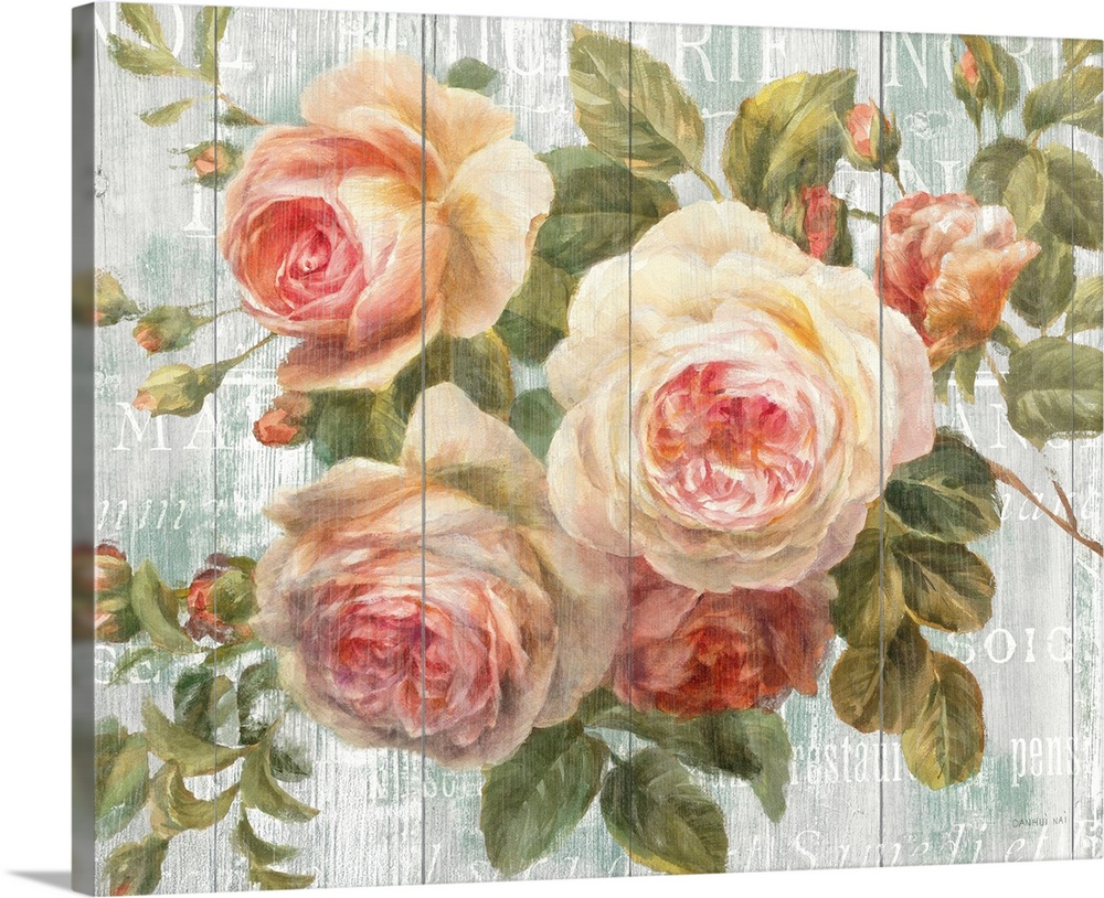 Big, horizontal docor wall art of a grouping of blooming roses surrounded by their leaves, on a background of wooden plank...
