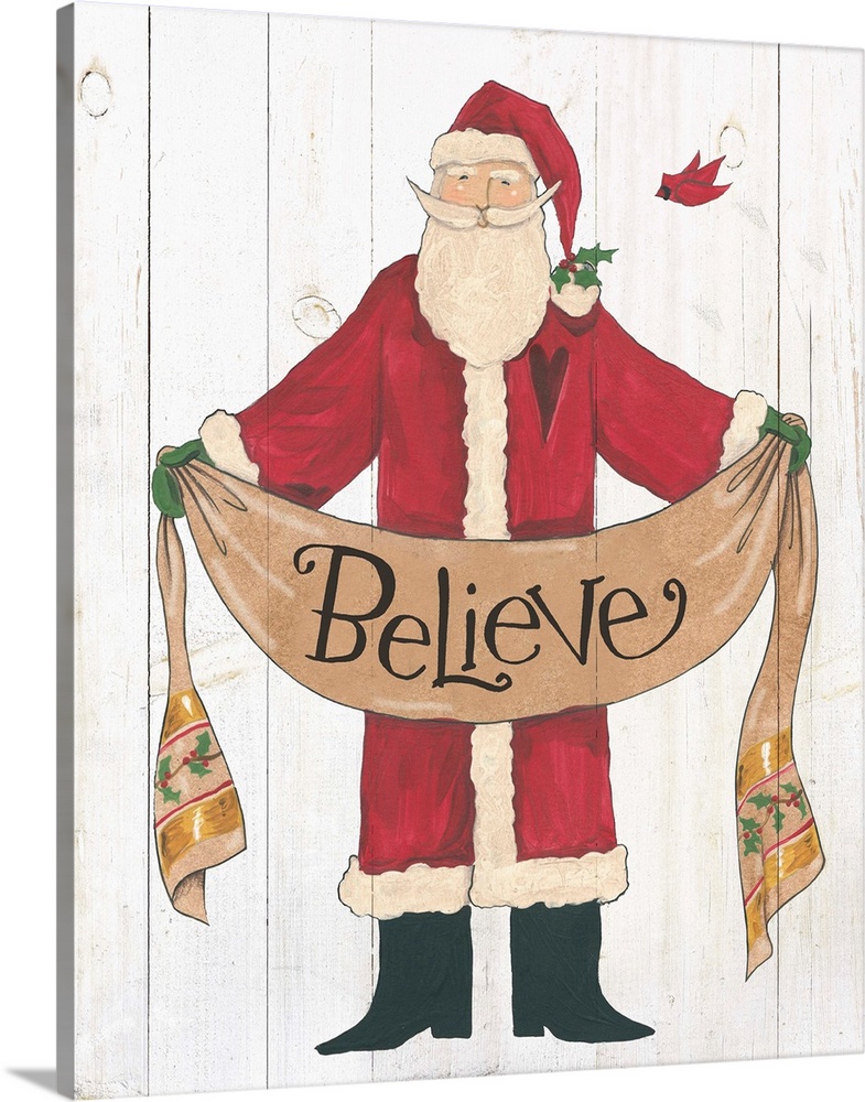 Santa Claus holding a banner with "believe" on a white wood plank backdrop.