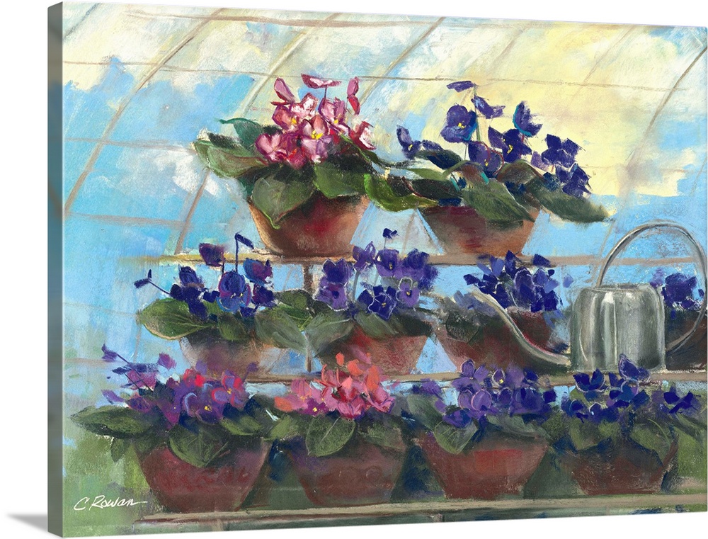 Contemporary painting of potted flowers in a greenhouse.