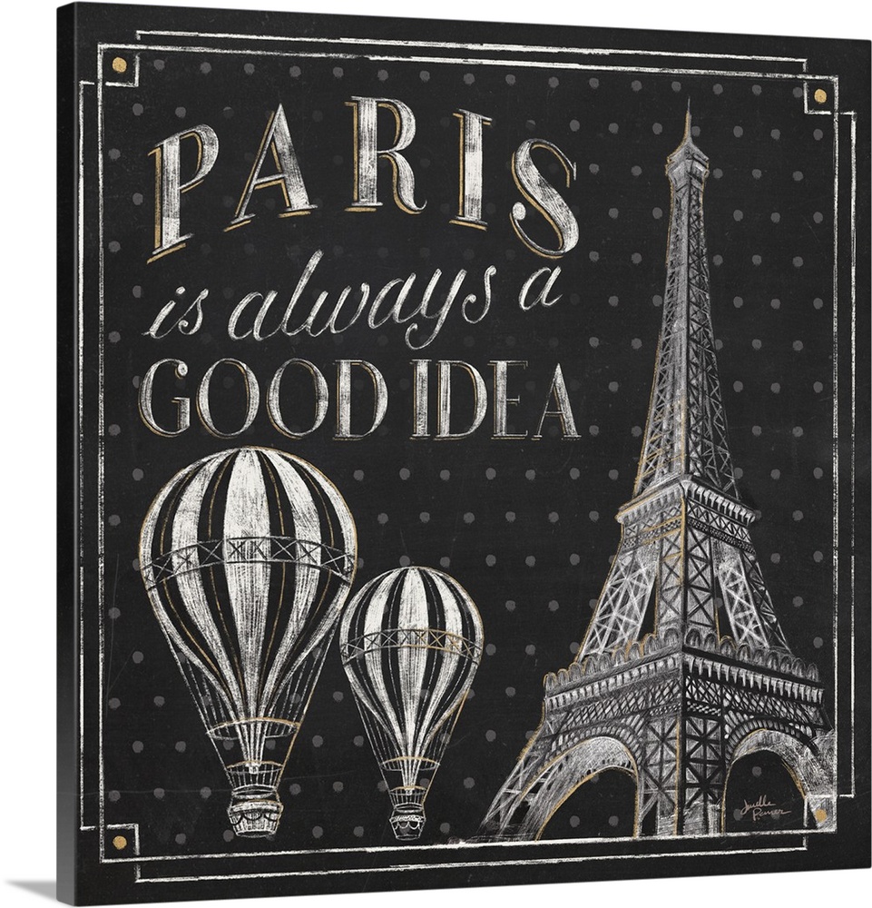 Square chalkboard sketch with the phrase "Paris is Always a Good Idea" and an illustration of the Eiffel Tower and two hot...