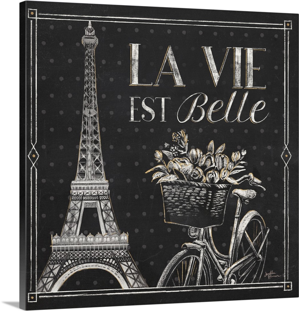 Square chalkboard sketch with the phrase "La Vie Est Belle" and an illustration of the Eiffel Tower and a bicycle with flo...