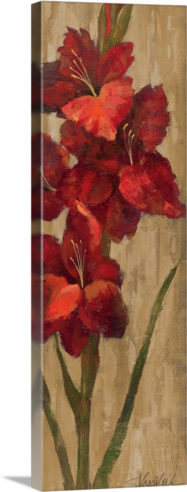 Large flowers are painted on a thin vertical piece with a neutral background.
