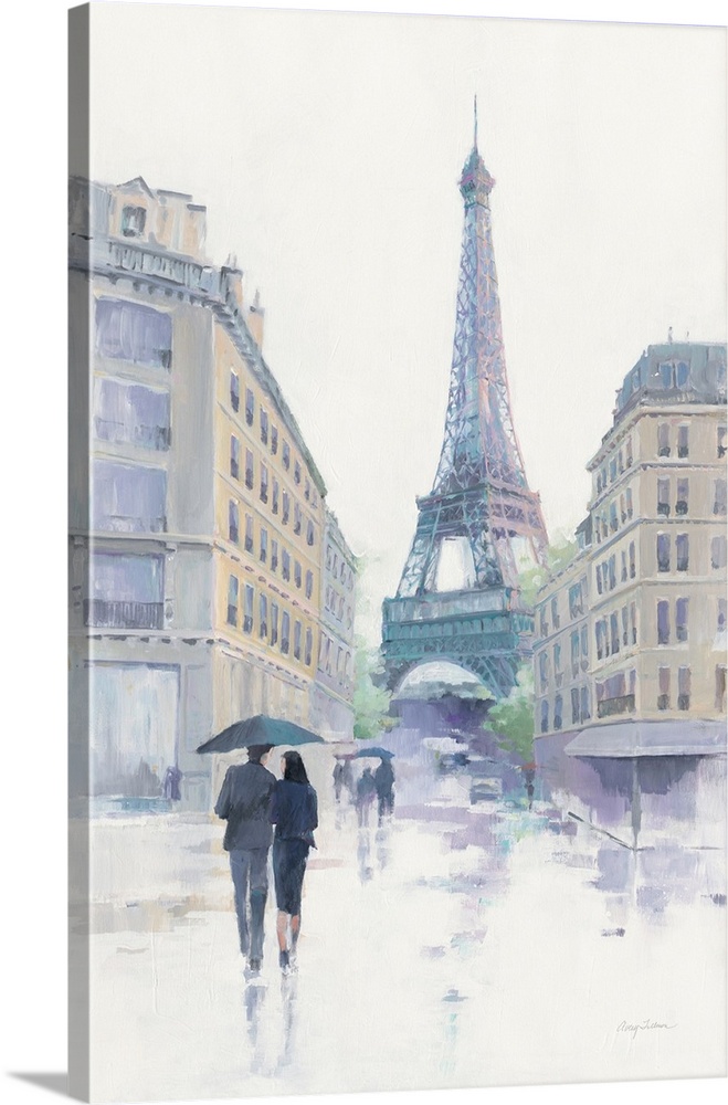 Contemporary artwork featuring soft romantic hues of a Parisian scene.
