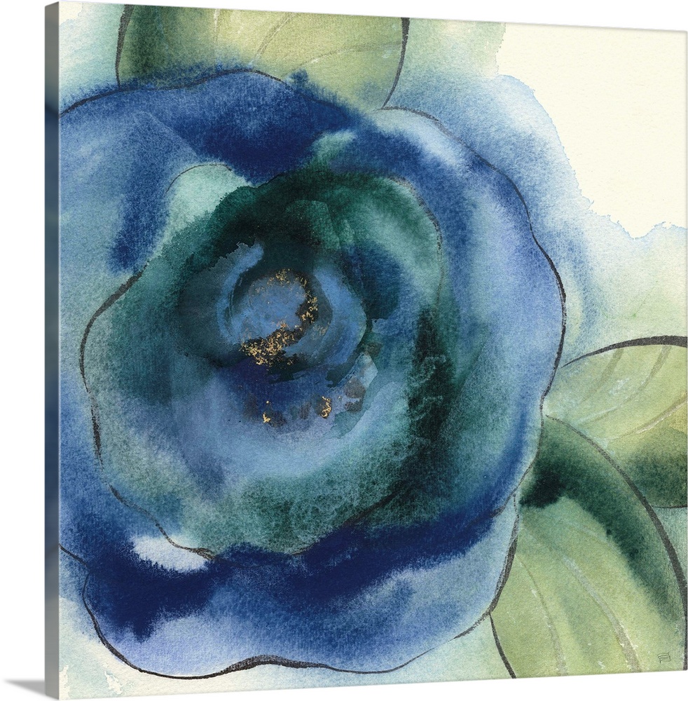 Square painting of a poppy flower made with blue and green tones on a white background with watercolor stains.