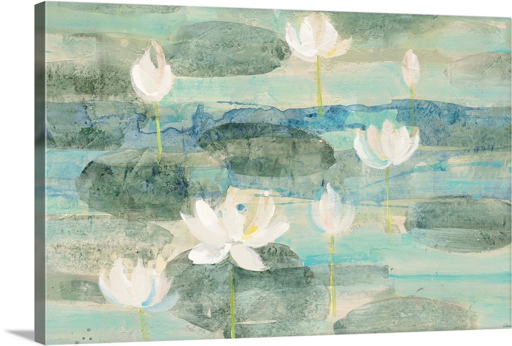 Large abstract painting of white lilies and green lily pads floating in water made with shades of blue.