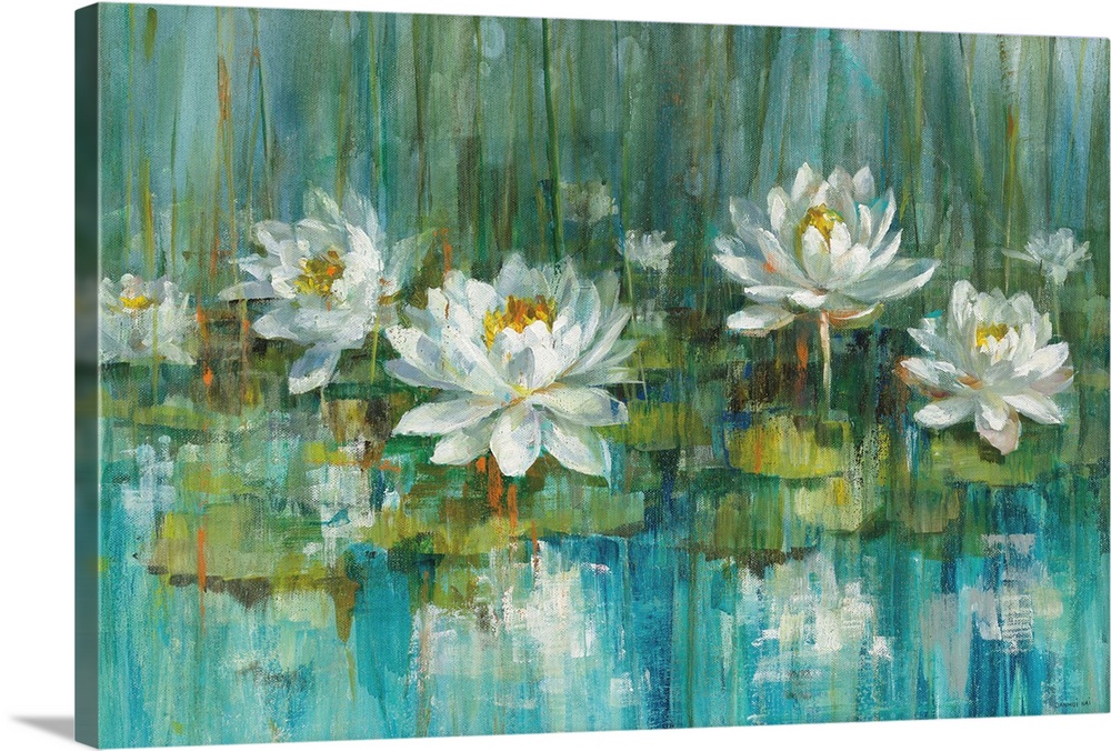 Contemporary abstract painting of water lilies in a pond with beautiful blue and green hues.