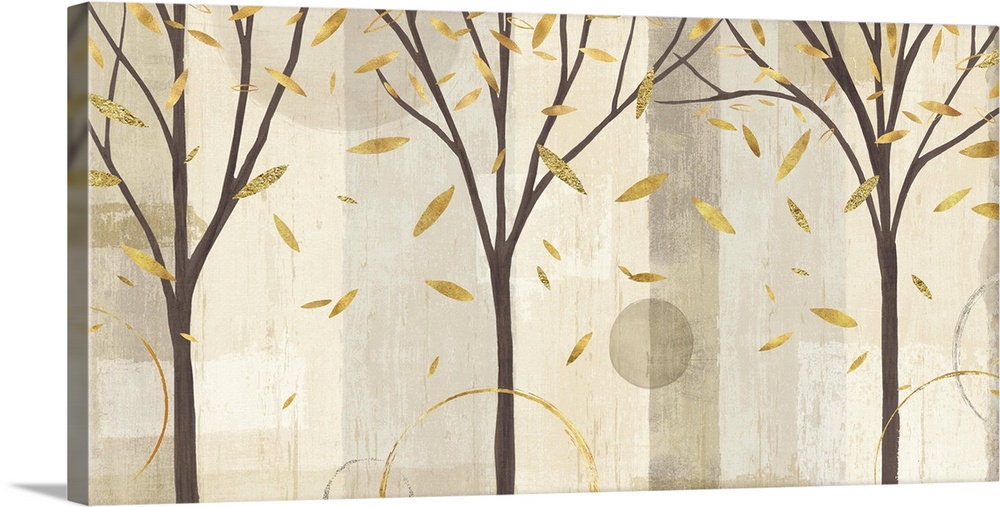 Contemporary artwork of three trees with metallic gold leaves falling on a neutral patterned colored background with a few...