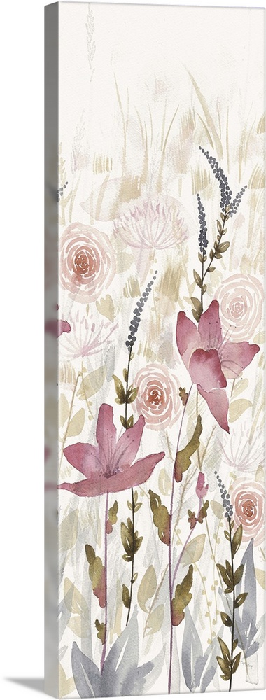 Long vertical watercolor painting of pink flowers in a garden with faded flower details in the background.