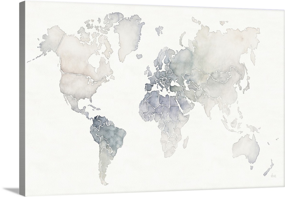 A muted watercolor painting of the world map on white.