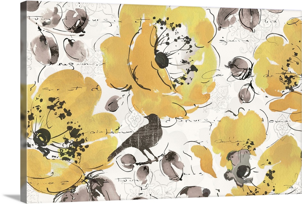 Watercolor design of yellow flowers with grey leaves and birds.