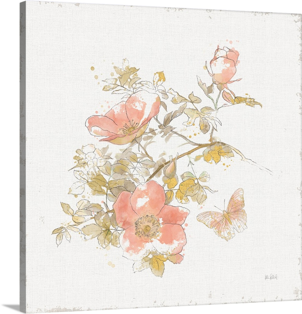 Square contemporary painting of pink flowers in bloom with a butterfly flying nearby.