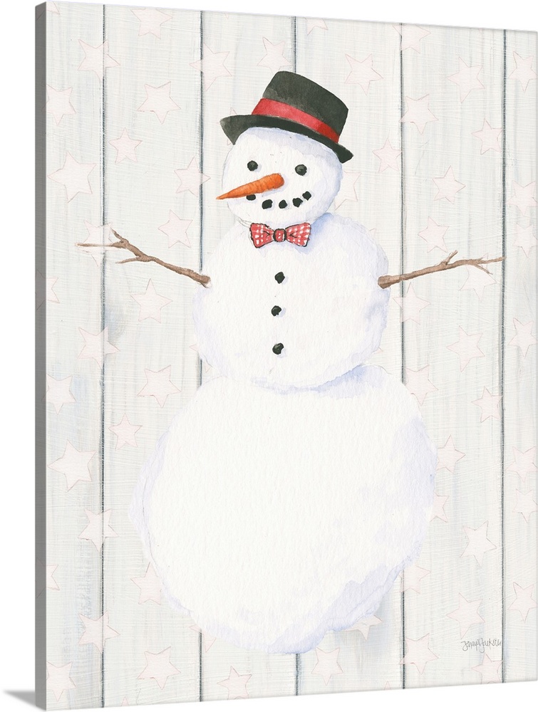 An illustration of a snowman on a white wood panel background with stars.