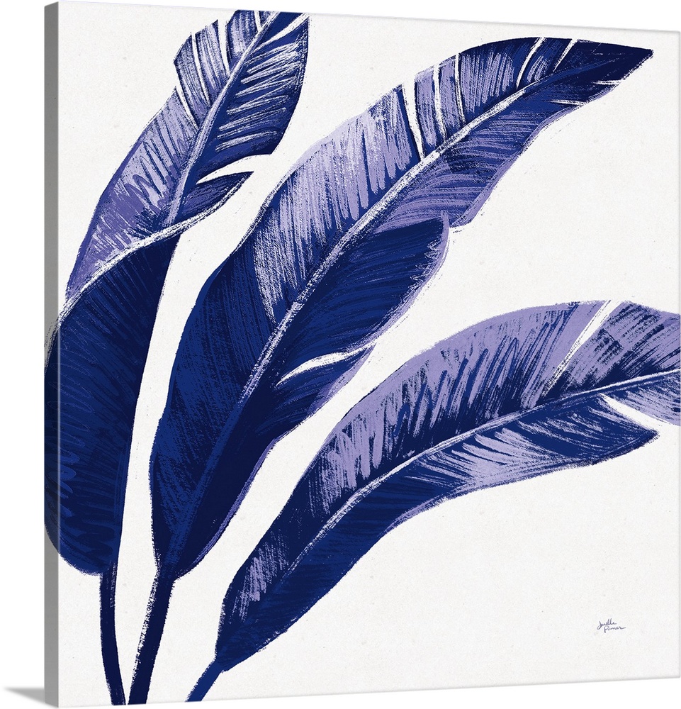 Square decorative artwork of large palm leaves in shades of blue.