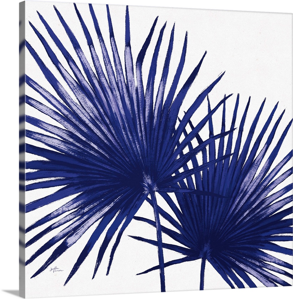 Square decorative artwork of a large palm branch in shades of blue.