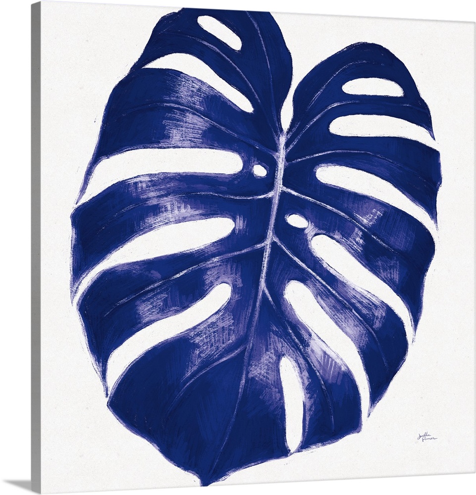 Square decorative artwork of a large palm leaf in shades of blue.