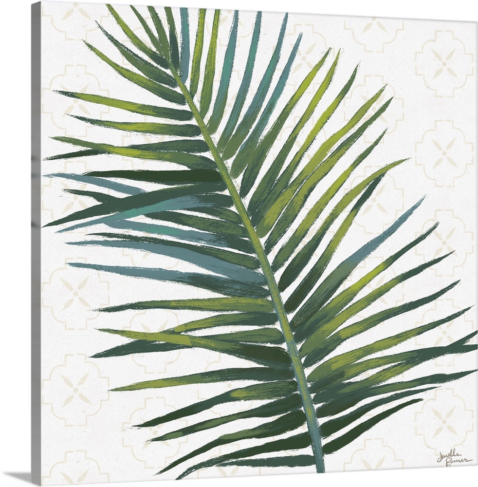 Square art of a green palm leaf on a white background with a faint beige pattern.