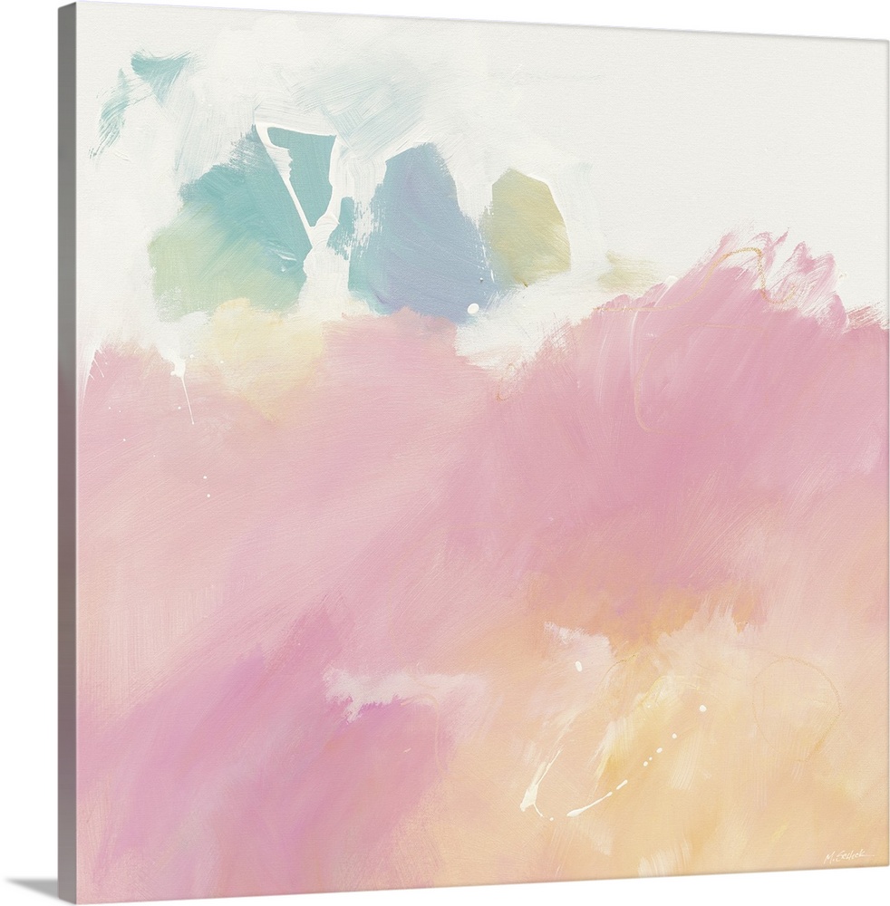 Square abstract painting with soft pink, orange, blue, and green tones on a cream colored background.
