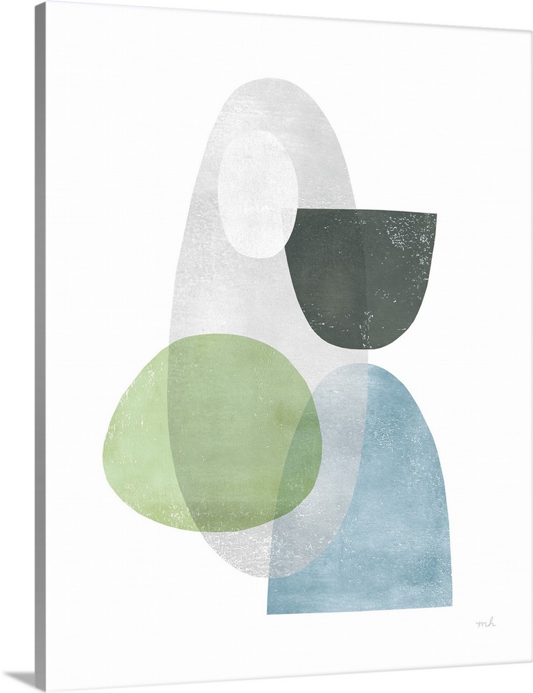 A modern design of distressed, transparent curved shapes in muted colors, overlapping each other on a white background.