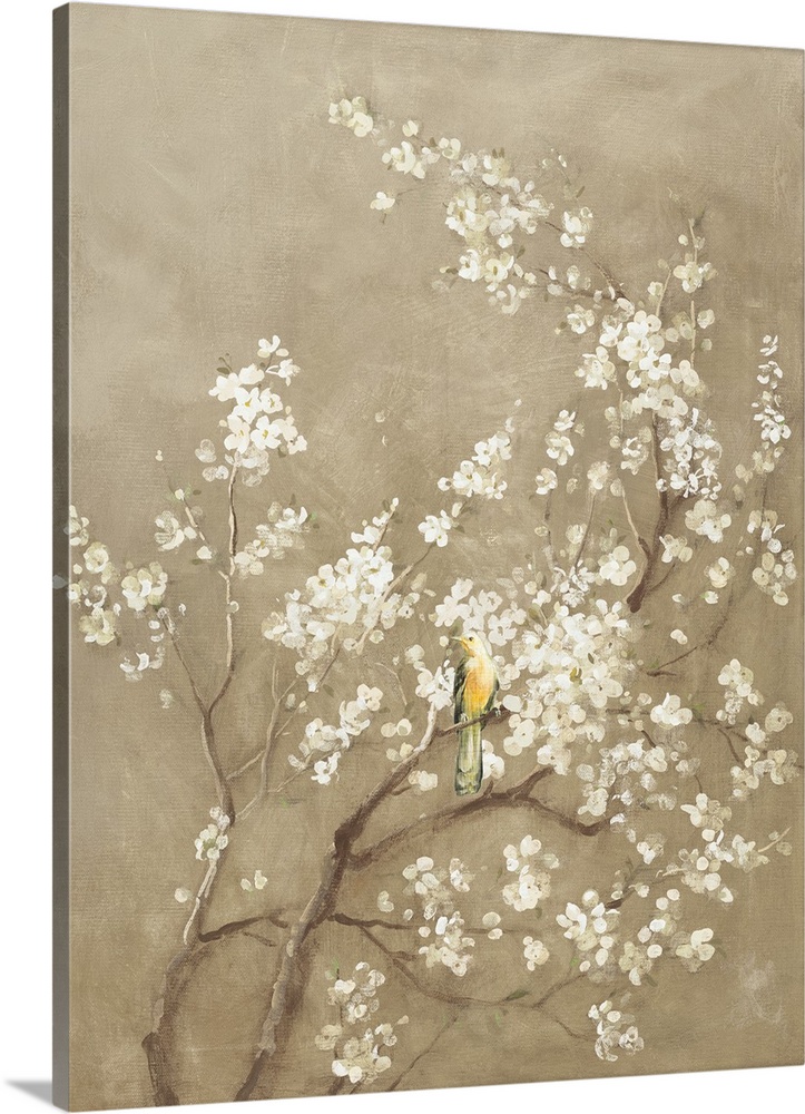 Painting of a yellow bird perched in a white cherry blossom tree with a beige background.
