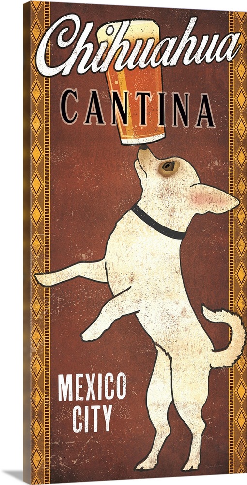 Illustration of a chihuahua balancing a pint of beer on its nose with "Chihuahua Cantina" and "Mexico City" written around...