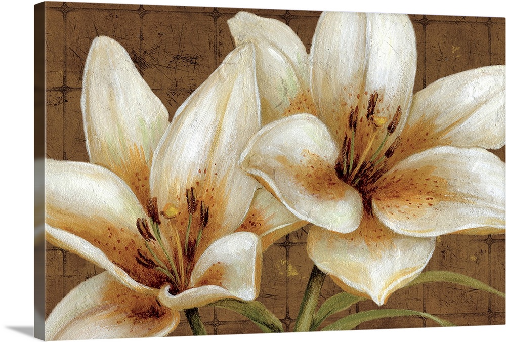 Oversized landscape painting of two large white lily flowers on a neutral tiled background.