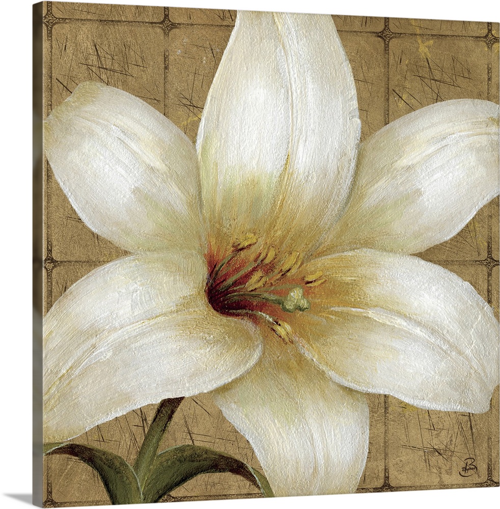 Square painted canvas of a flower with a tiled wall in the background.