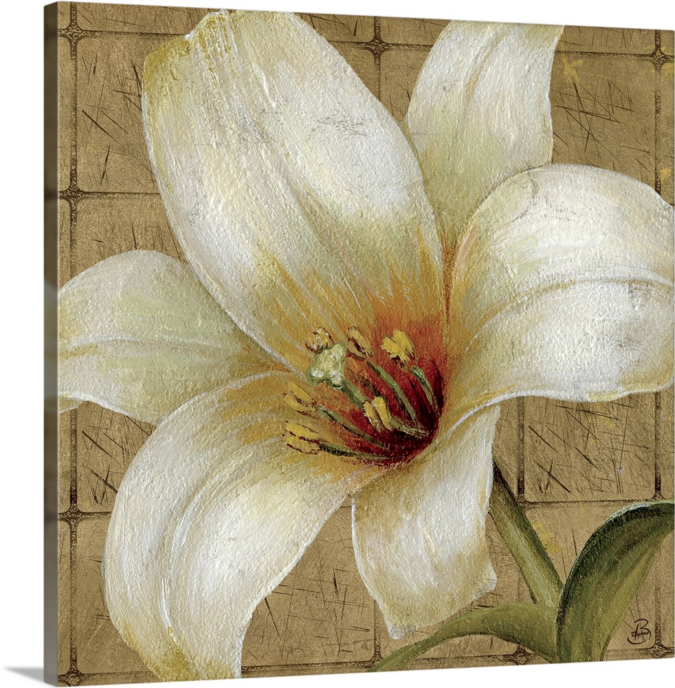 Up-close painting of lily with square stone tile background.