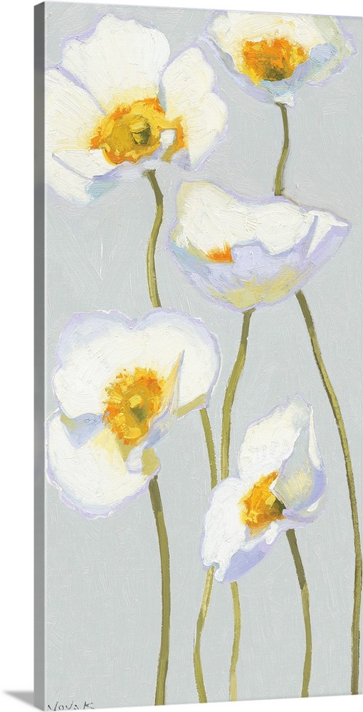 Giant, vertical, floral painting of five white poppy flowers on thin, waving stems, extending upward on a neutral background.