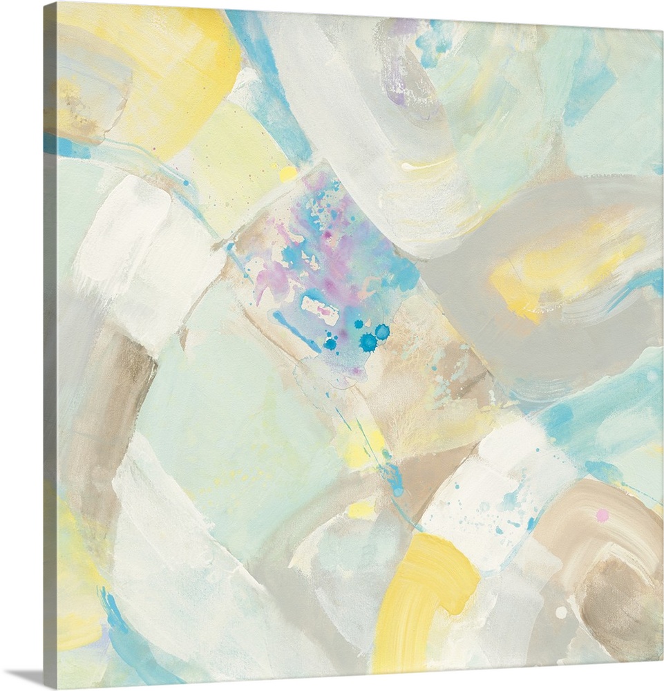 Abstract artwork in pastel shades of yellow and blue.