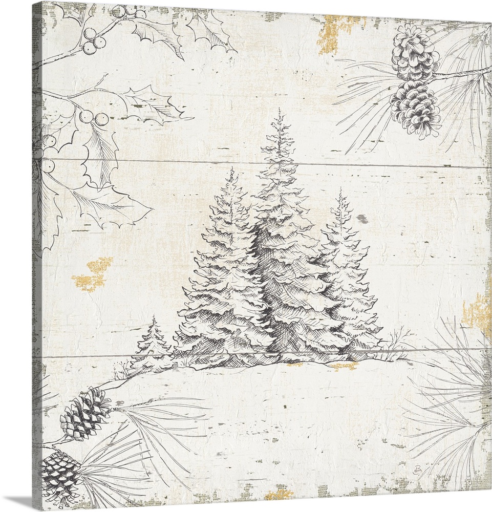 Decorative lodge artwork featuring a sketched trees with pine greenery over distressed wood panels.