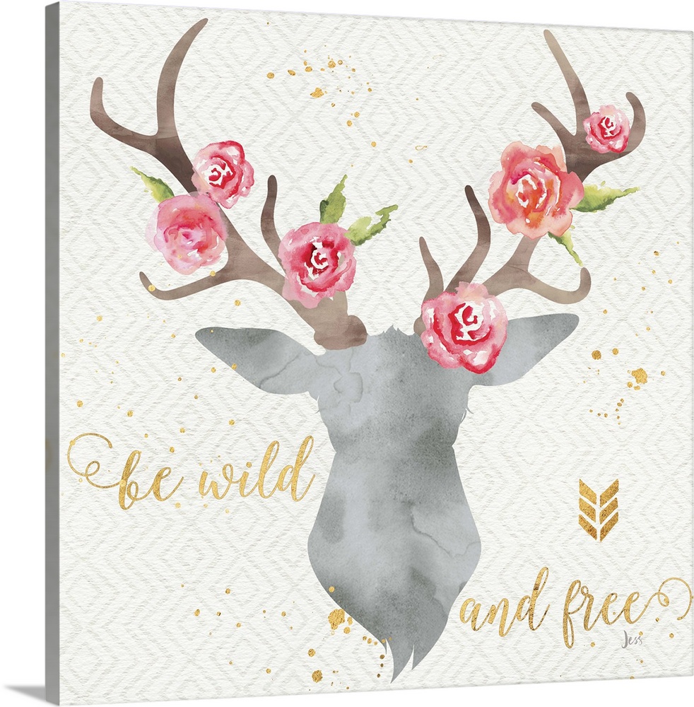 Contemporary home decor artwork of a watercolor stag silhouette with roses in the antlers.