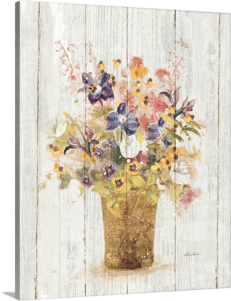 A painting of a vase of wildflowers with a distressed appearance on a wood panel background.