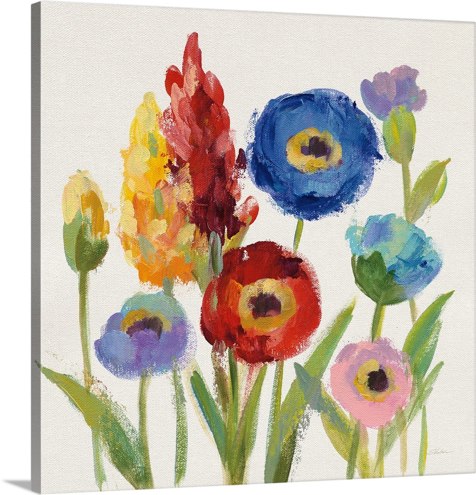 Square contemporary painting of colorful wildflowers on a white background.