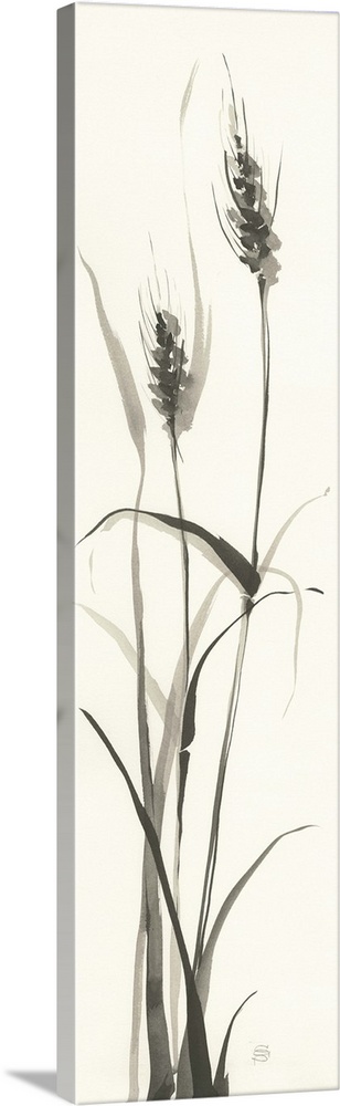 Tall, rectangular watercolor painting of wild grass in black and white.