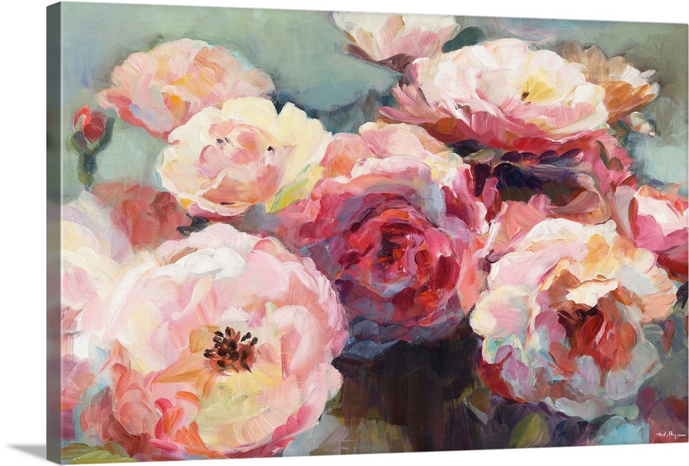 Contemporary painting of roses created with pink, white, red, orange, and yellow warm tones on a muted blue-green background.