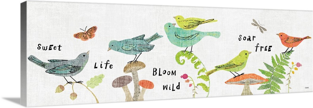 Panoramic illustration of birds, flowers, ferns, and mushrooms with words written all around, "Sweet, Life, Bloom, Wild, S...