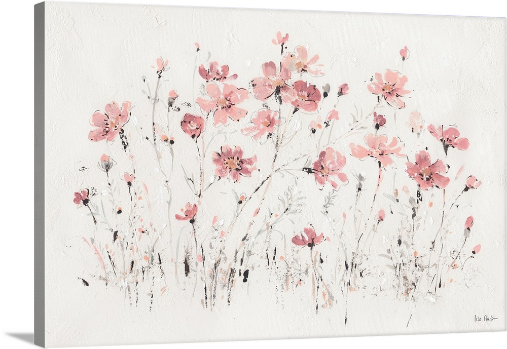 Contemporary artwork with delicate pink flowers with short black strokes over white textured background.