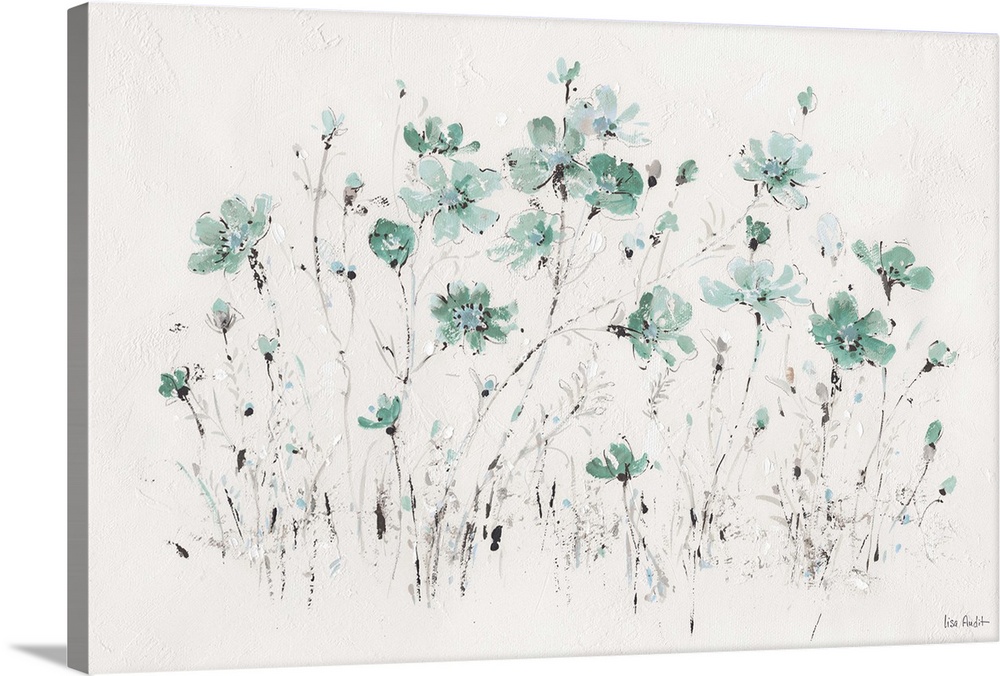 Contemporary artwork with delicate turquoise flowers with short black strokes over white textured background.