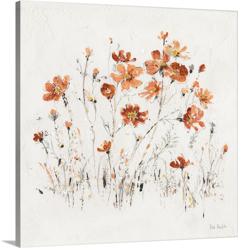 Contemporary artwork of orange wildflowers sprouting from a textured white background.