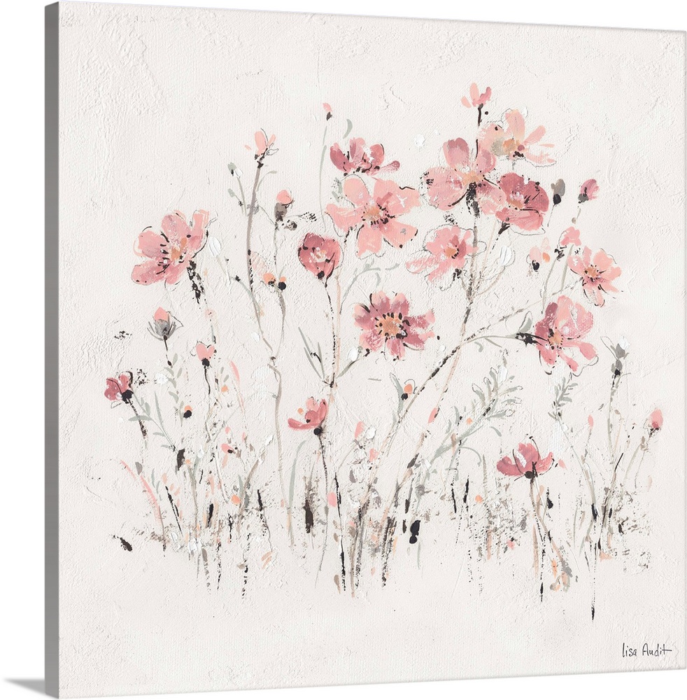 Contemporary artwork of pink wildflowers sprouting from a textured white background.