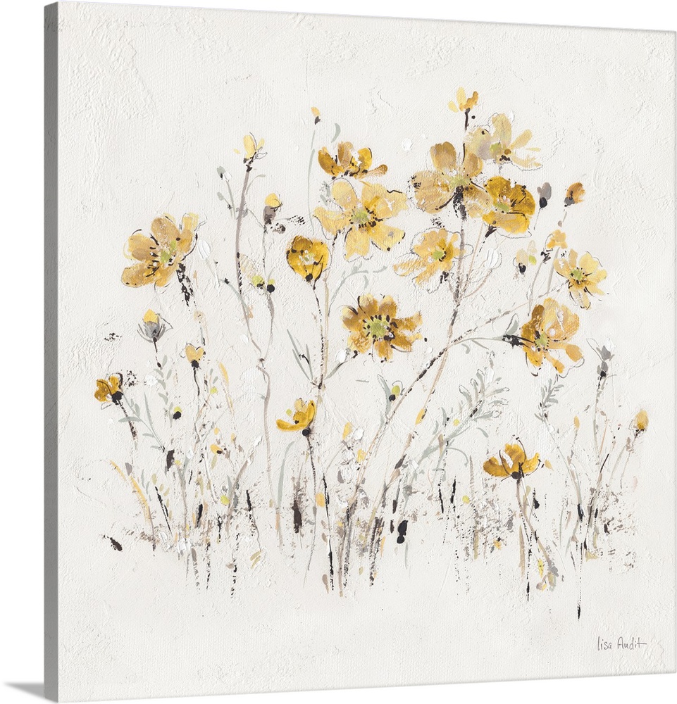 Contemporary artwork of yellow wildflowers sprouting from a textured white background.
